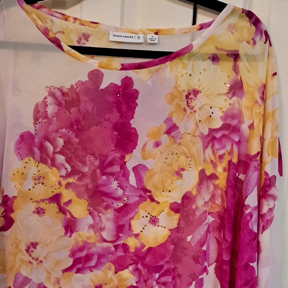 Susan Graver Pink and Yellow Floral Blouse